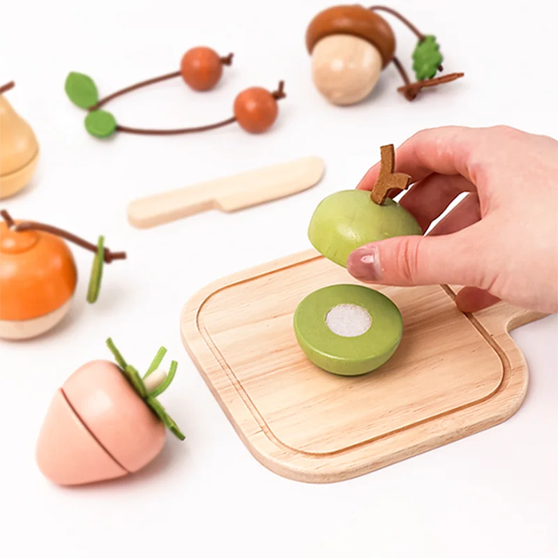 jeu cuisine bois couteau planche découper fruits imitation éducatif simple vert orange brunes réalistes