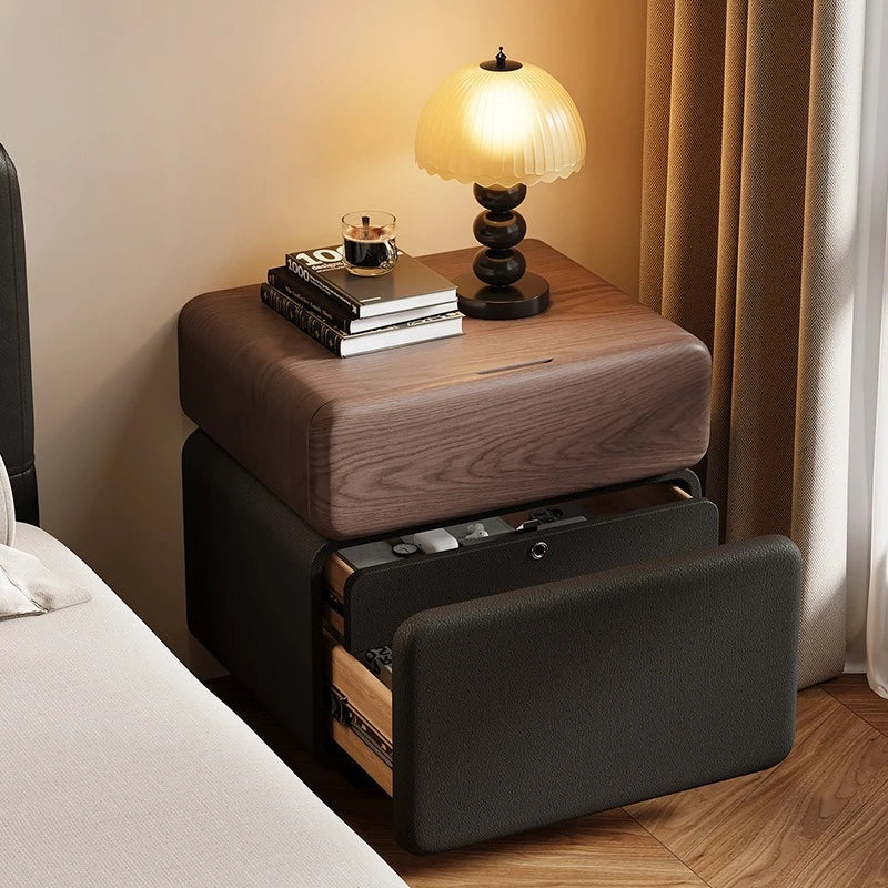 table chevet moderne bois foncé organisateur maquillage tiroirs cuir tasse livre