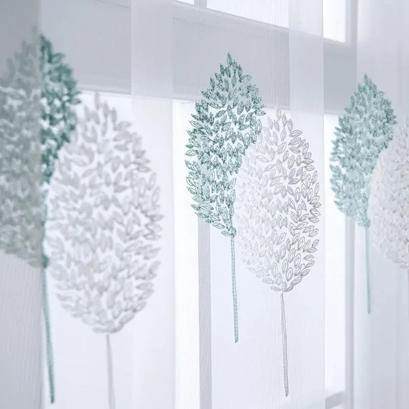 rideau moderne feuilles stylisées blanc vert clair transparent polyester chambre salon