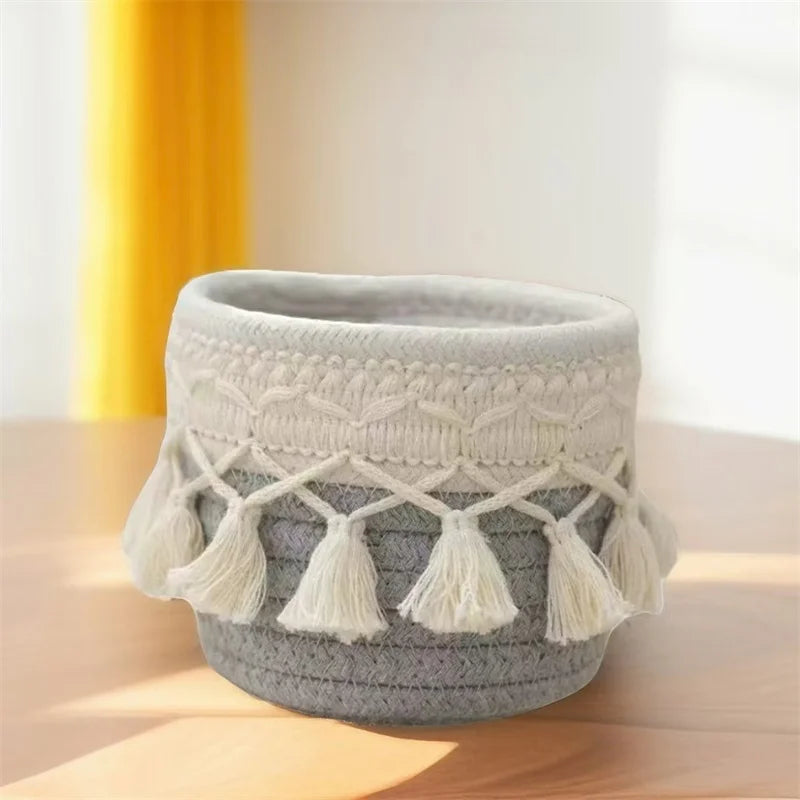 paniers rangement boho macramé franges brosses pinceaux cosmétiques toile réutilisable