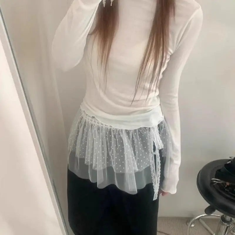jupe élégante femme fille blanche points gris clair polyester translucide ruban noir tulle