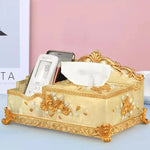 boîte mouchoirs baroque or ornements roses fleurs blanches smartphone parfum télécommande translucent