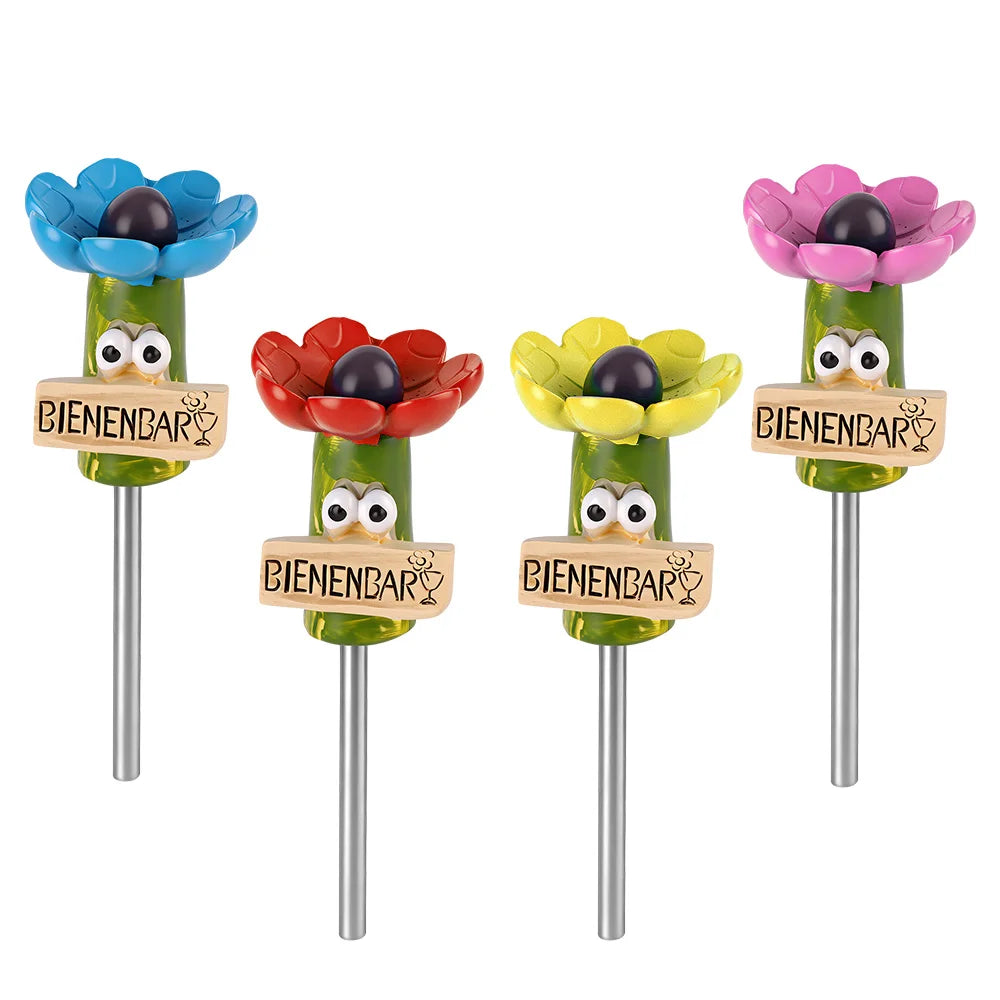 supports d'abreuvement abeilles fleurs bleu rouge jaune fuchsia yeux bois bienenbar extérieurs jardin decoration