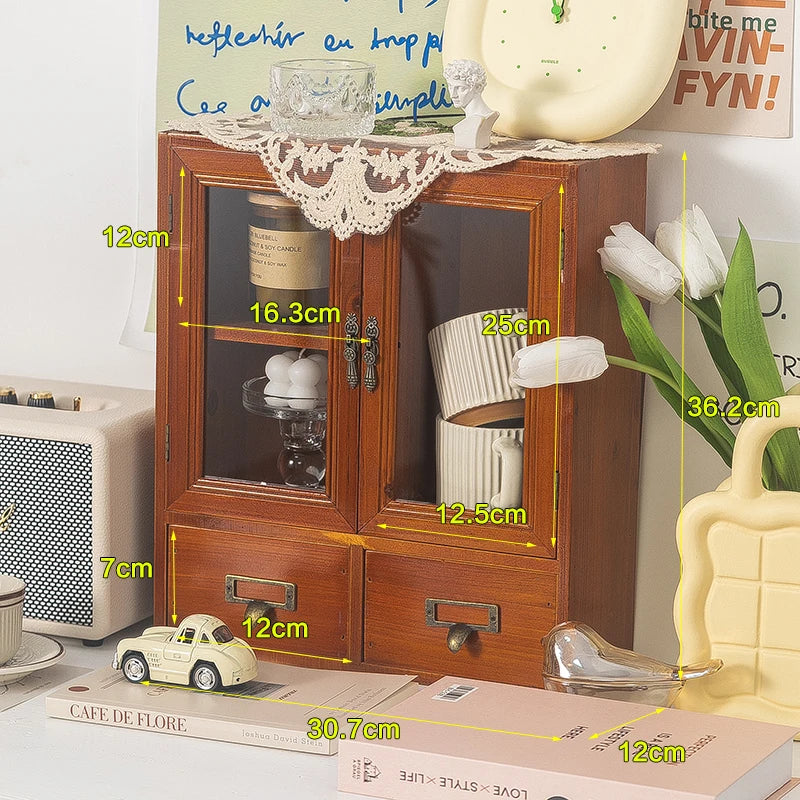 armoire deux portes vitrées tiroirs rangement bois classique horloge tasses miniature