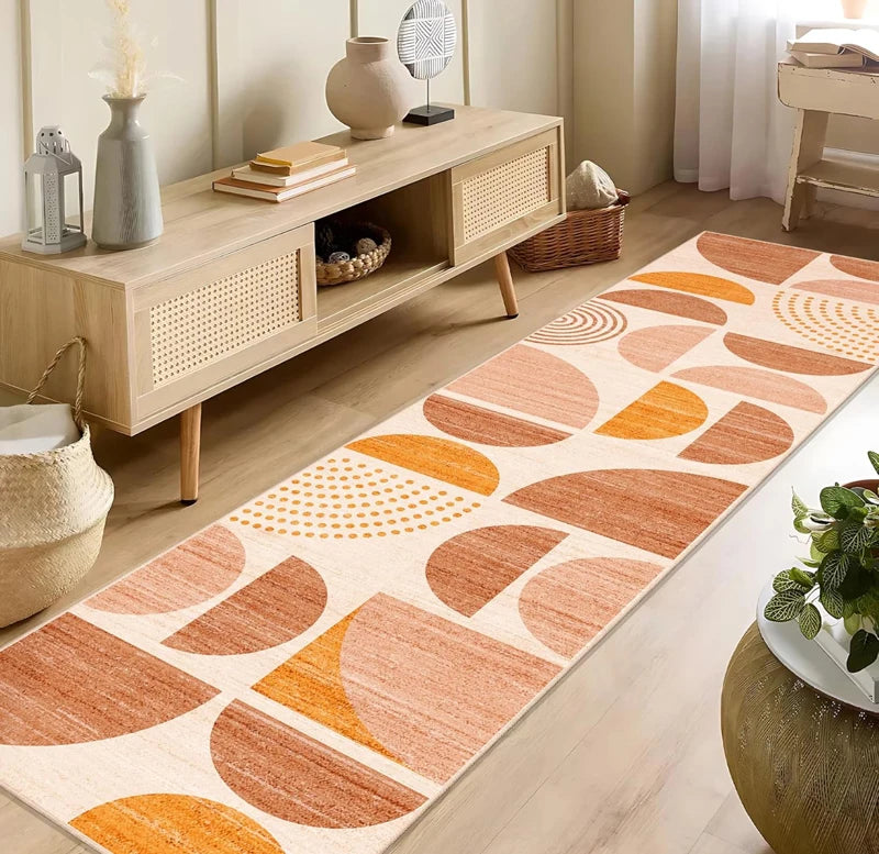 tapis moderne long motifs géométriques demi cercles couleurs variées texture douce rapide sécher