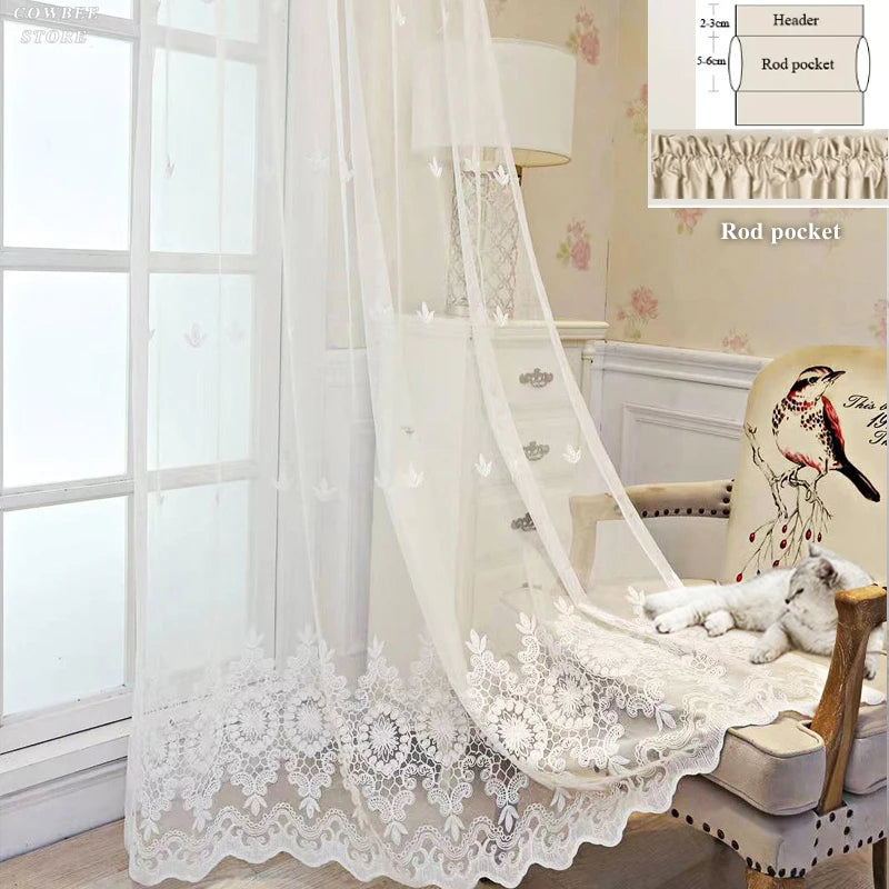 rideau brodé fleur blanc classique transparent chambre hospitalière moderne polyester