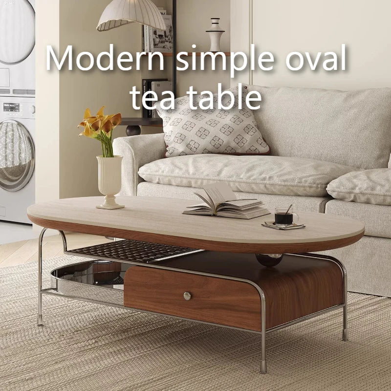 table basse ovale moderne rangement intégré plateau travertin structure acier inoxydable beige clair marron