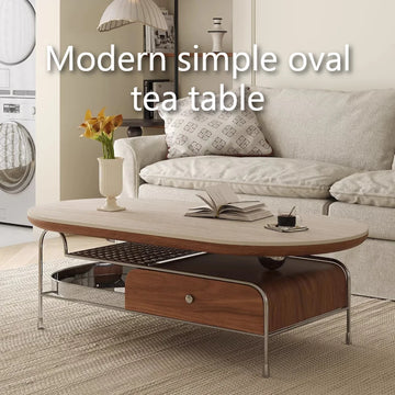 table basse ovale moderne rangement intégré plateau travertin structure acier inoxydable beige clair marron