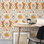 papier peint vinyle tigres sautant fleurs soleils boho chic salon chambre enfant cuisineOpaque Jaune