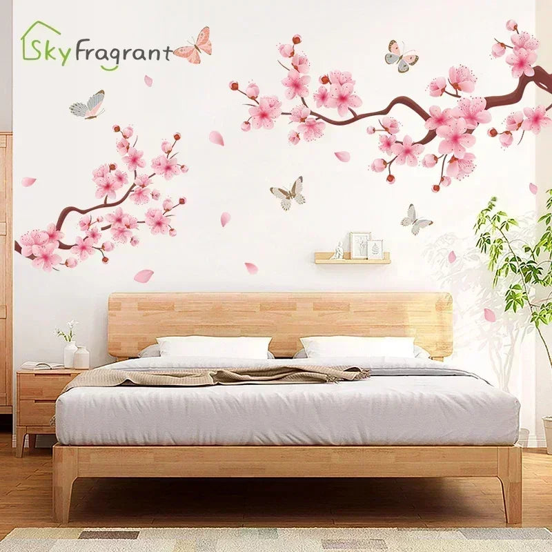 sticker mural fleurs cerisier papillons rose brun blanc adhésif moderne naturel decoration mur chambre