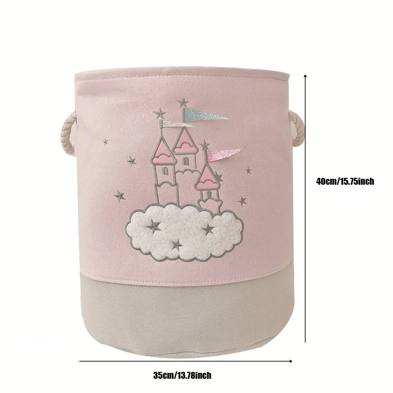 panier rangement rose gris château nuages étoiles poignées tissu pliable enfant conte fées