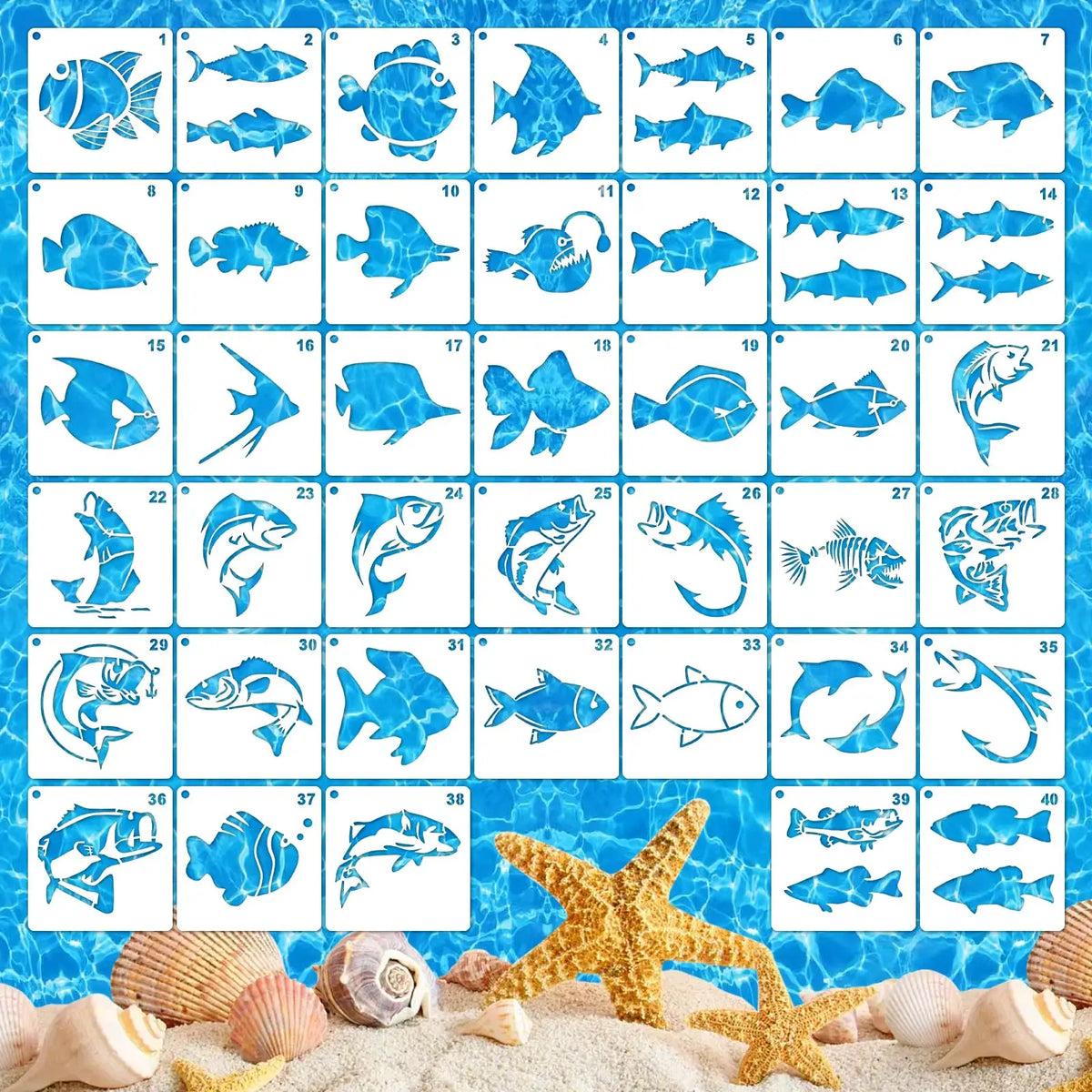 stencils poissons bleu blanc marron orange poissons stylisés motifs simples décoration artisanat meubles modernes