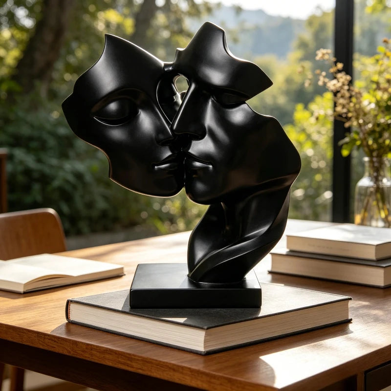 sculpture moderne deux visages enlacés blanc noir doré argenté minimaliste surface lisse socle