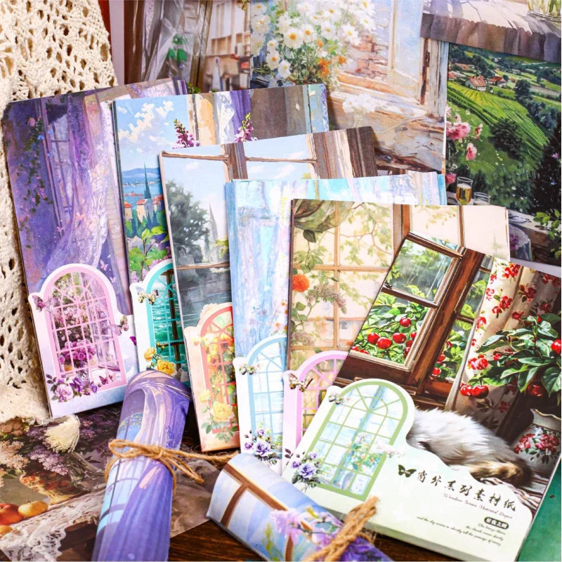 papier décoratif vintage cartes postales paysages fenêtres fleurs rideaux papillons scrapbooking noël mariage anniversaire