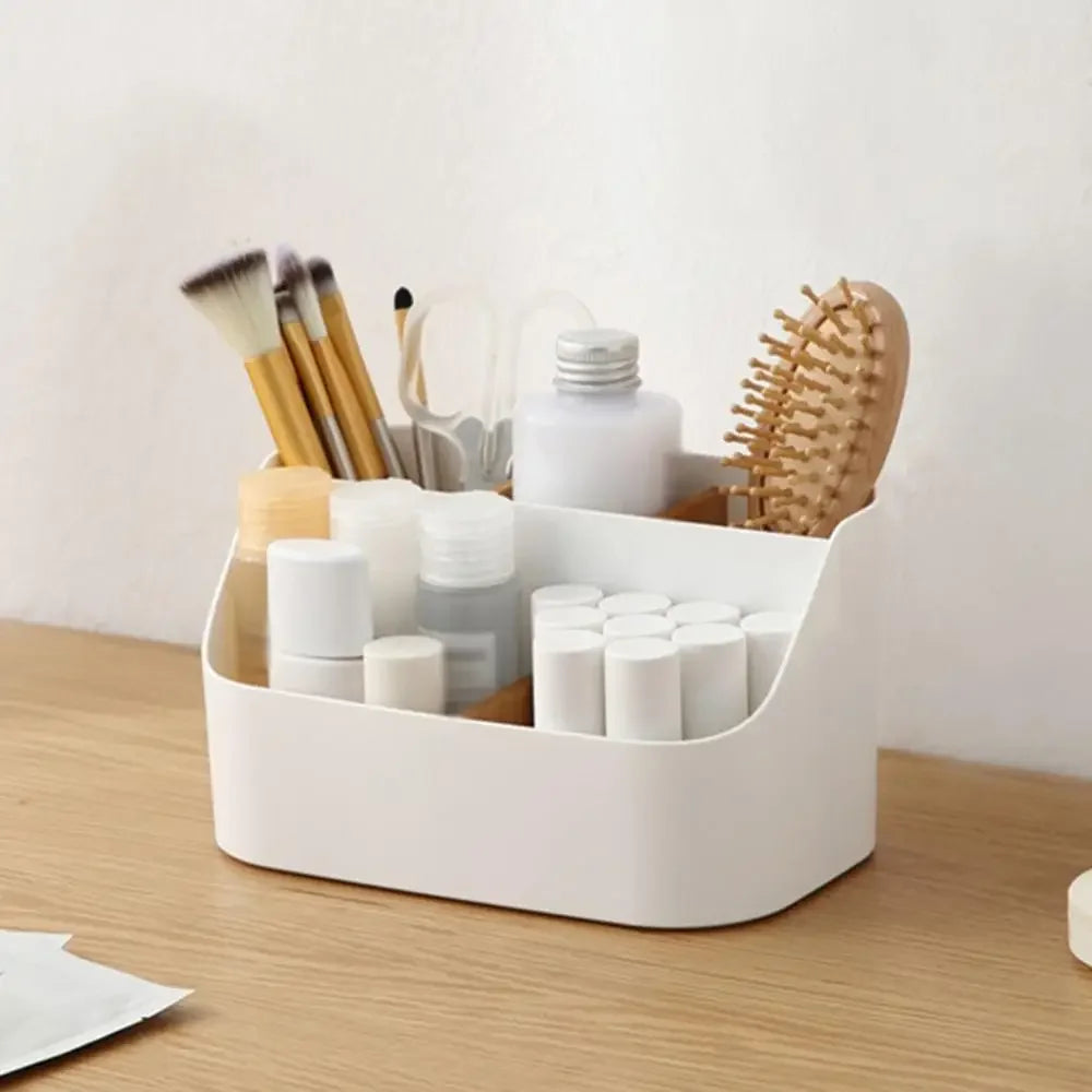 organisateur rangement blanc minimaliste compartiments cosmétiques maquillage bureautique multifonctionnels transparents modernes