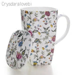 tasses thé céramique fleurs classiques poignées couvercle blanc rose vert