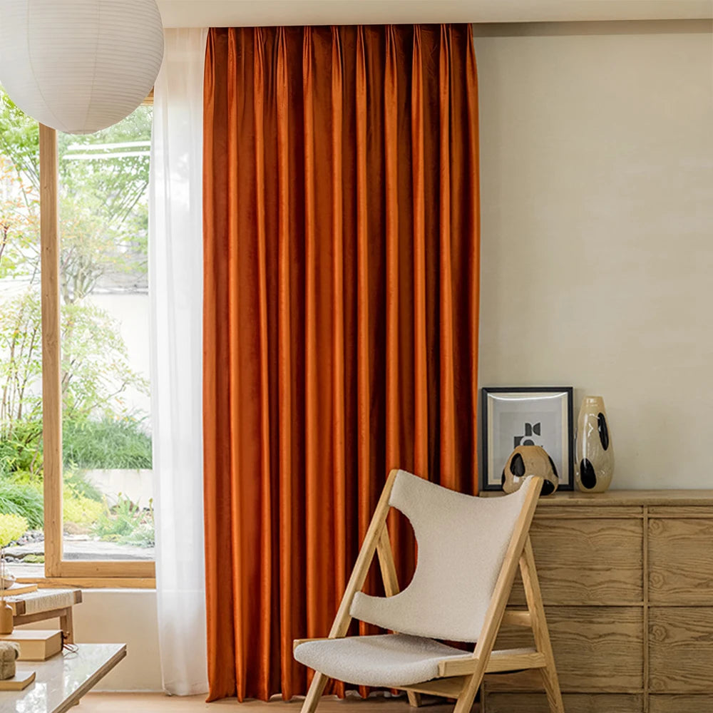 rideau moderne orange uni polyester épais coupe vent isolation sonore extérieur salon chambre
