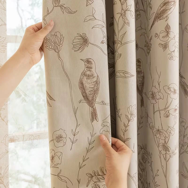 rideaux occultants polyester classique fleurs oiseaux beige clair marron clair opacité fenêtre plate setSizeOptions
