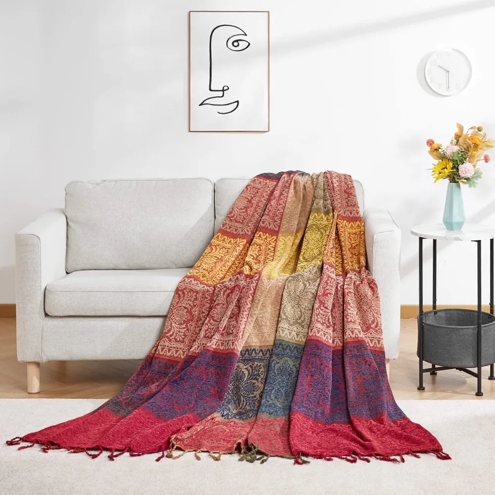 couverture boho patchwork motifs floraux rouge marron bleu beige printemps automne portable chambre canapéhôtel