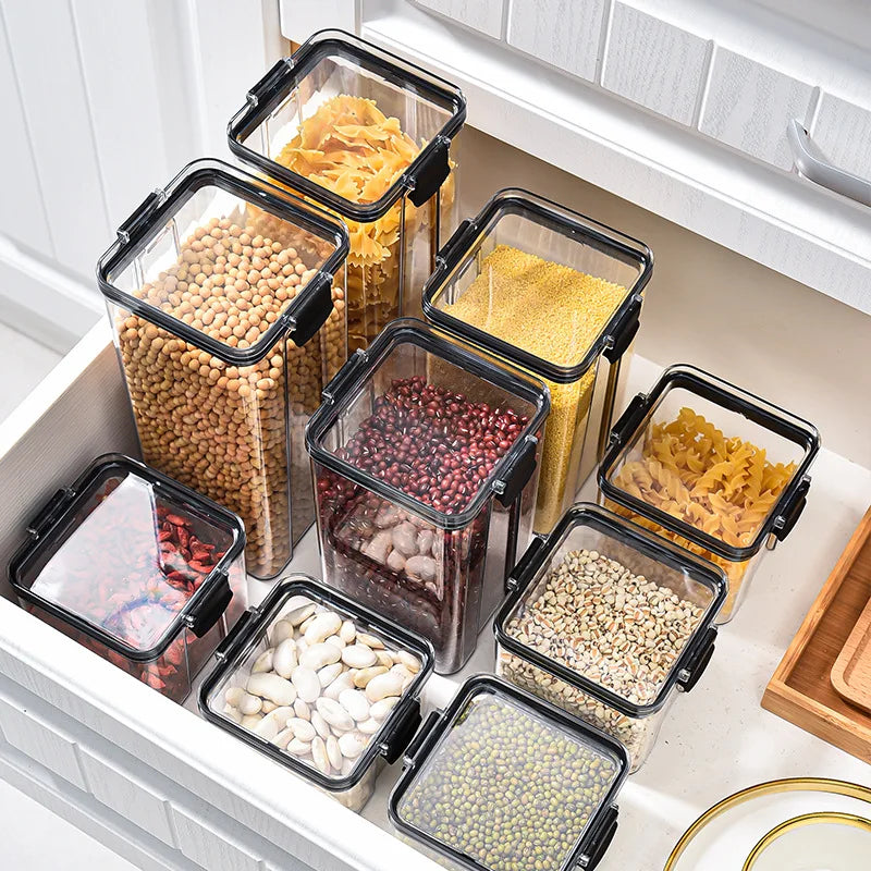 boîtes rangement réutilisables transparentes poignées noires grande capacité aliments stockage céréales assaisonnement conservation fraîcheur
