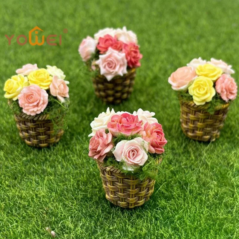miniature pot fleurs artificielles panier osier marron clair vert rose jaune rustic artisanal