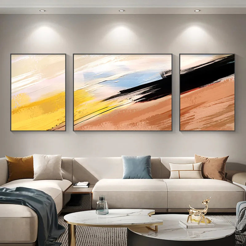 tableau abstrait peinture l'huile contemporain minimaliste jaune blanc bleu noir orange lignes horizontales triptyque