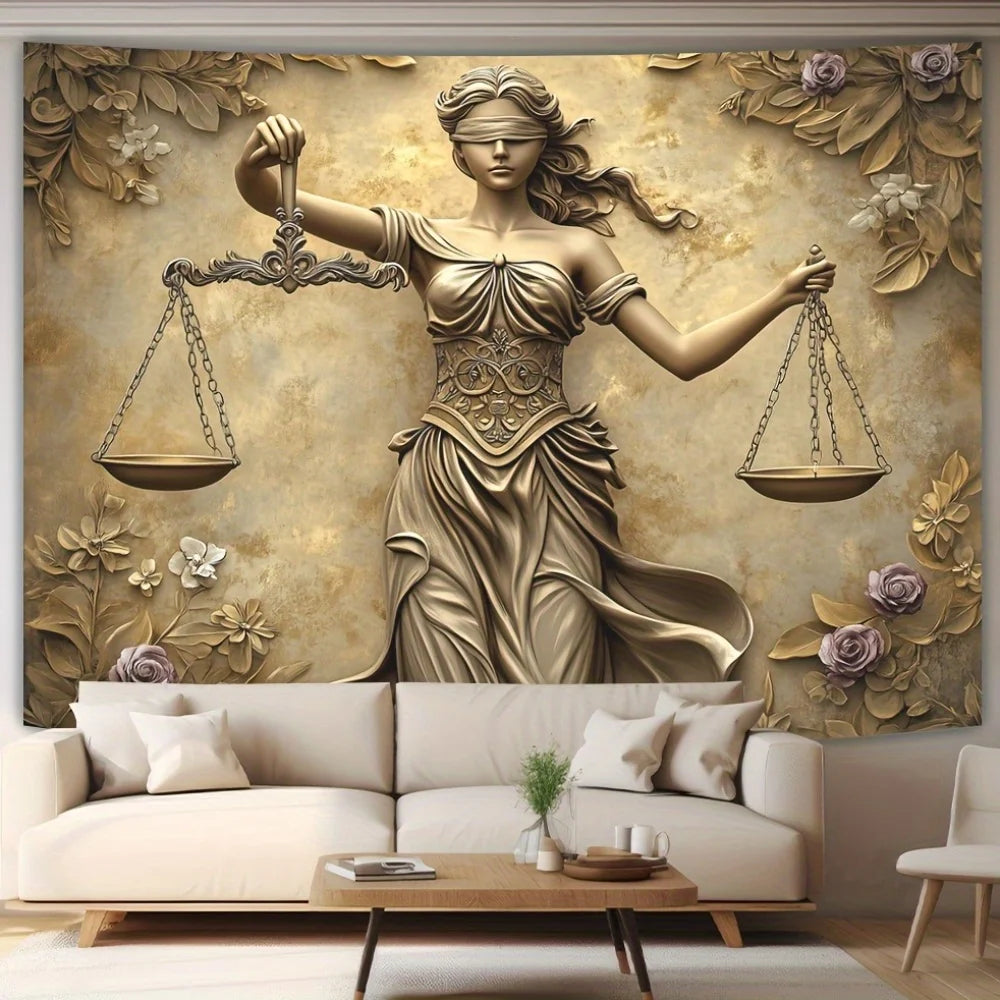 toile d'art statue justice balances fleurs classique baroque polyestère beige doré moderne salon chambre