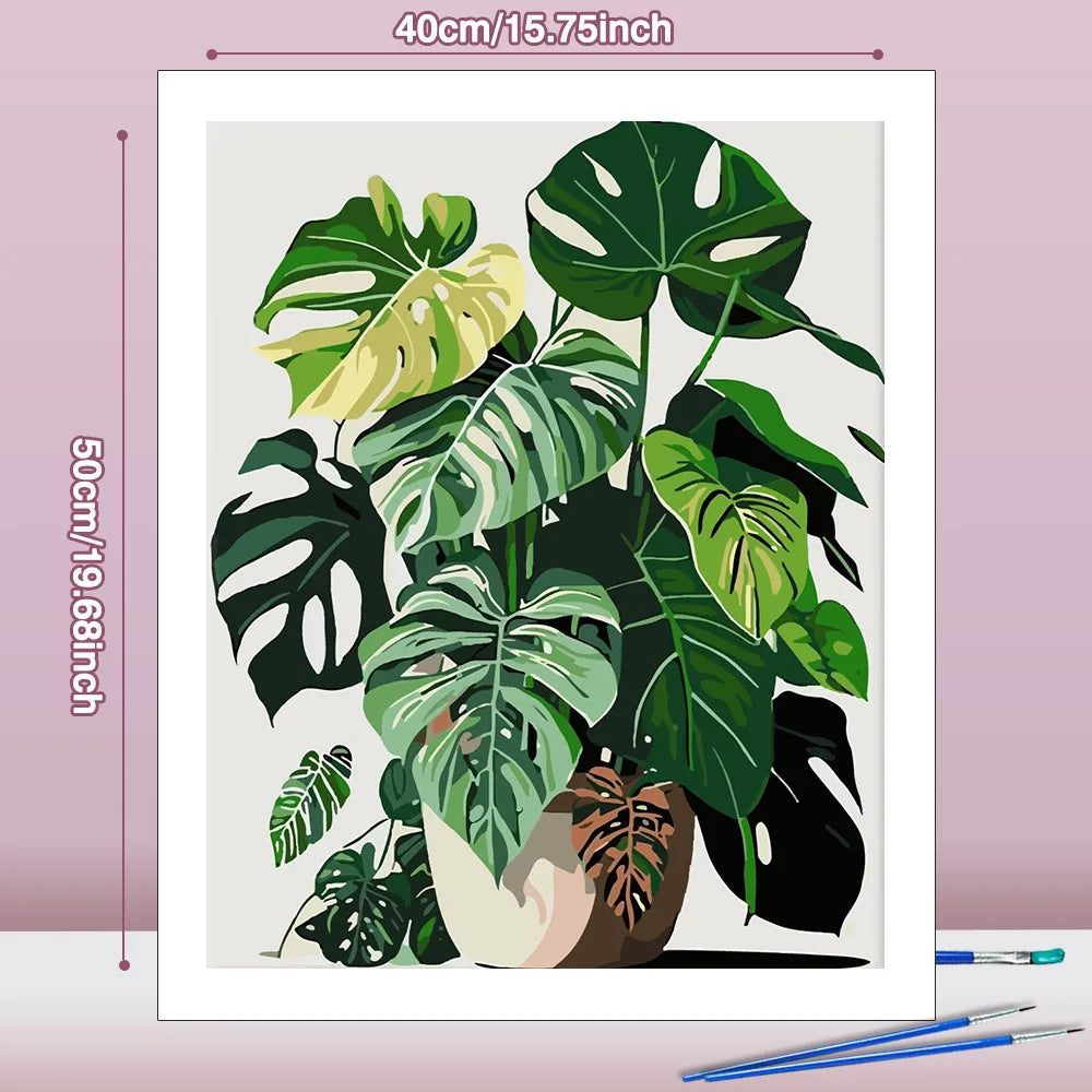 toile peinte diy feuilles plante moderne verte blancs gris decoration kit novice