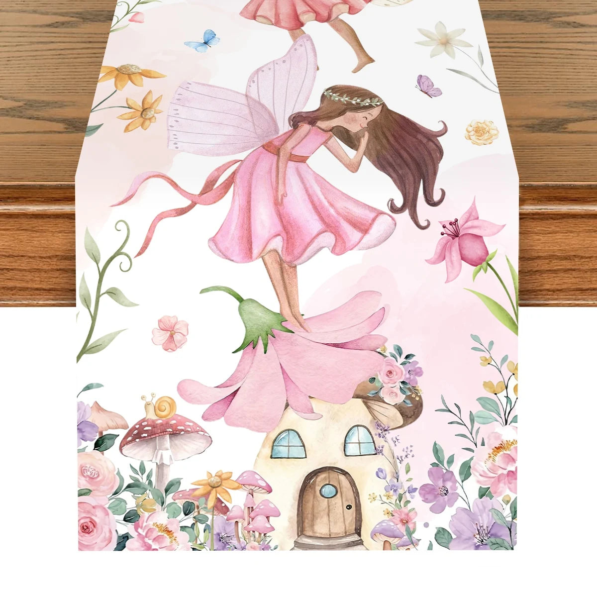 chemin table fleurs fées aquarelle fantaisie maisonnette rose blanc variété saisonnalité table