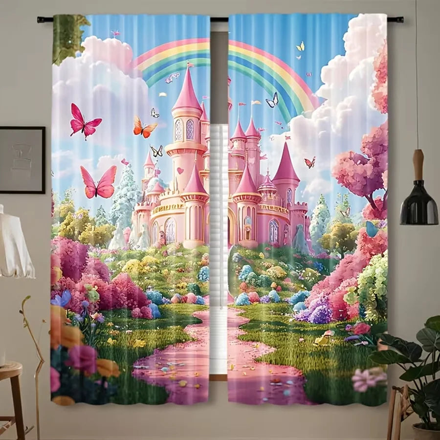 rideau multicolore motif féerique château arc ciel papillons nuages fleurs fantaisie enfantin polyester 100