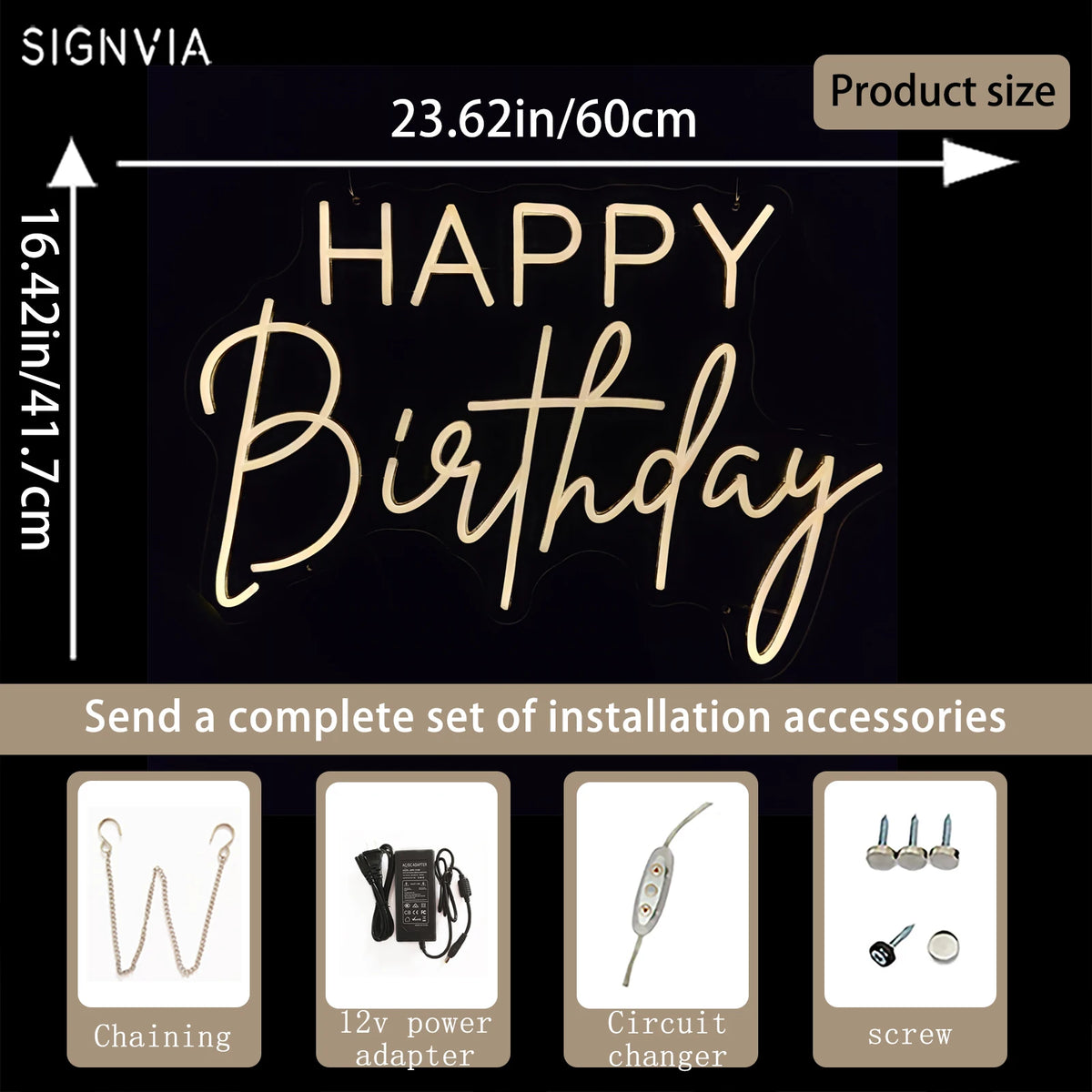 Enseigne néon LED Joyeux Anniversaire 60 cm blanc froid