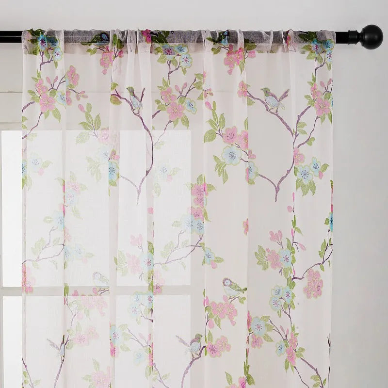 rideaux décoratifs floral blanc rose vert bleu polyester translucides tringle