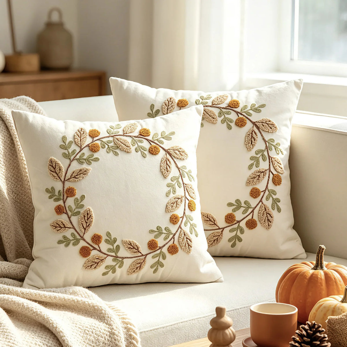 coussin beige motif floral traditionnel feuilles automne doré sans rembourrage décoration maison sofa lit