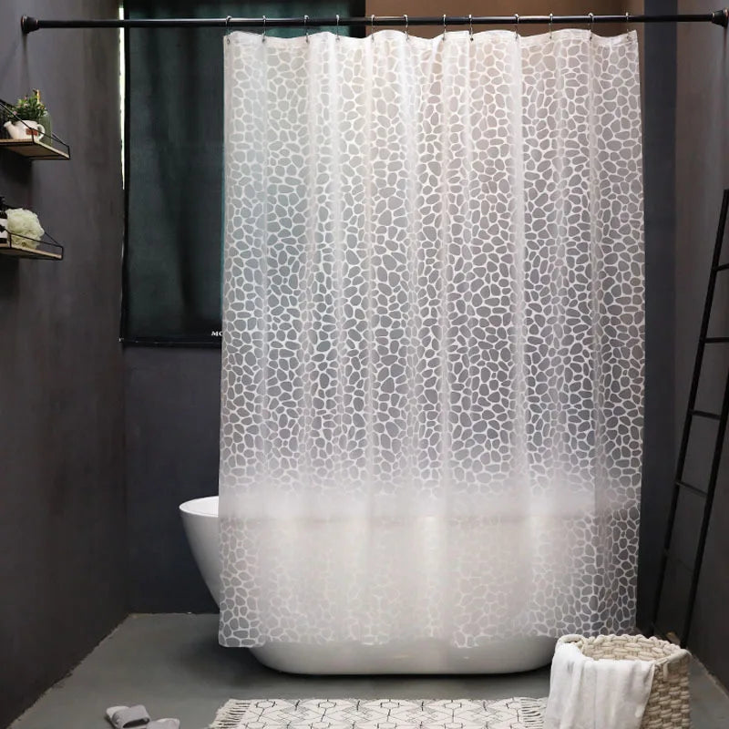rideau douche moderne semi transparent blanc gris motifs galets peva ourlet standard anneaux