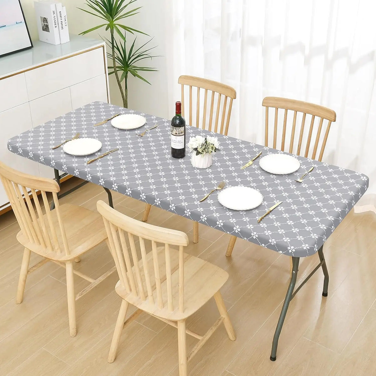 nappe table rectangulaire grise motif géométrique élastique imperméable extérieur mariage fête moderne