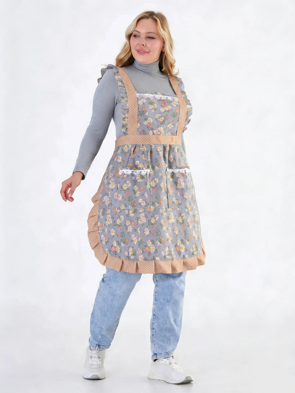 tablier cuisine toile fleurs petite pois gris rose vintage ajustable femmes