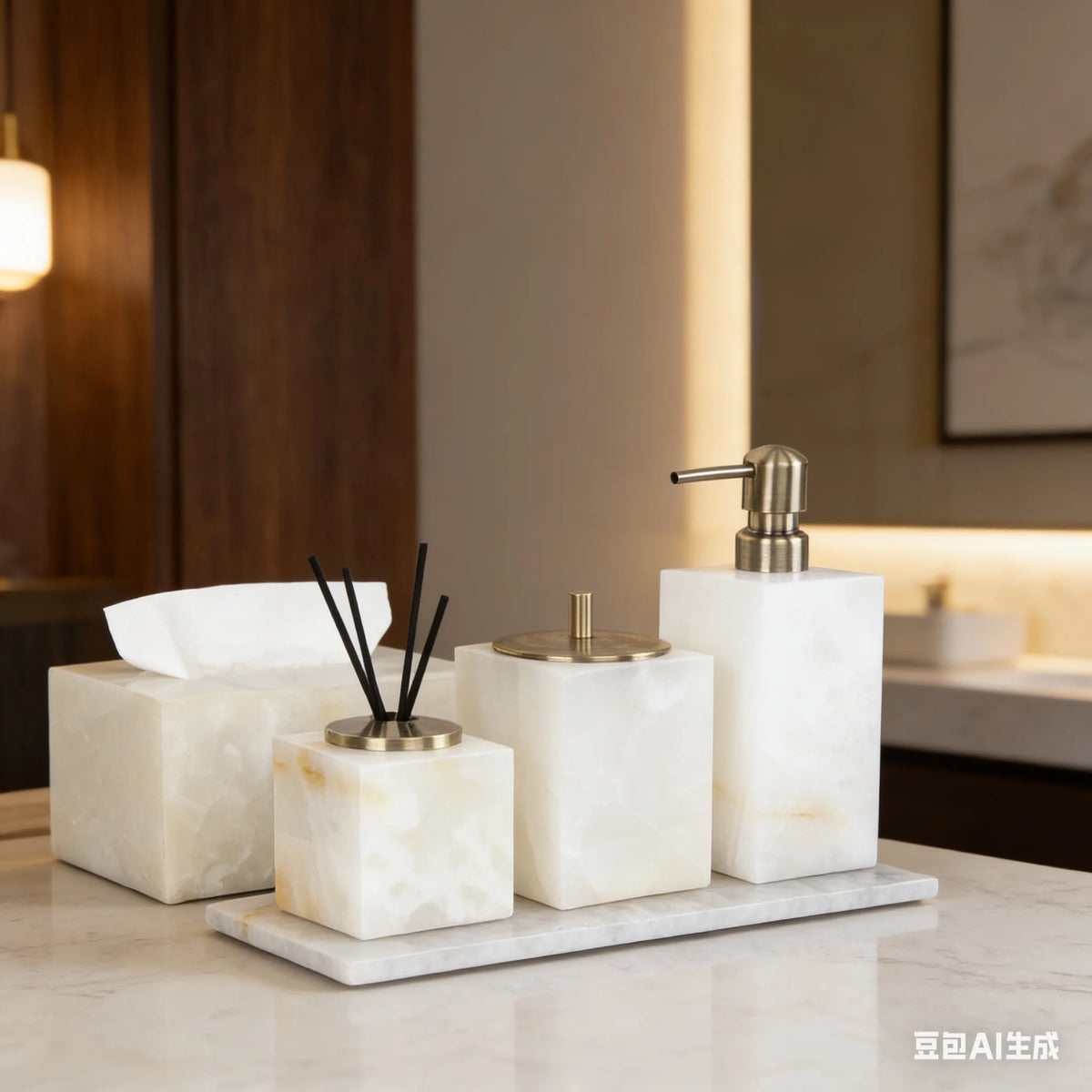 ensemble salle bain marbre blanc distributeur savon diffuseur huiles essentielles boîte mouchoirs moderne