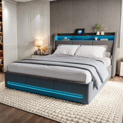 Lit de rangement 160x200 avec tête de lit LED et design vintage
