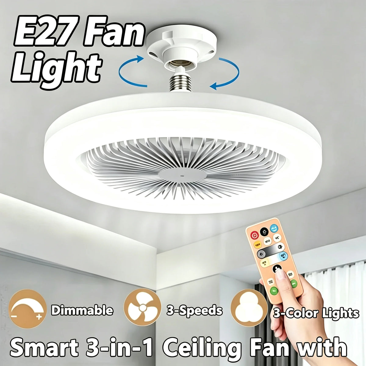 ventilateur lampe led blanc moderne télécommande grille lames fines opacité fixations crochets chambre salon