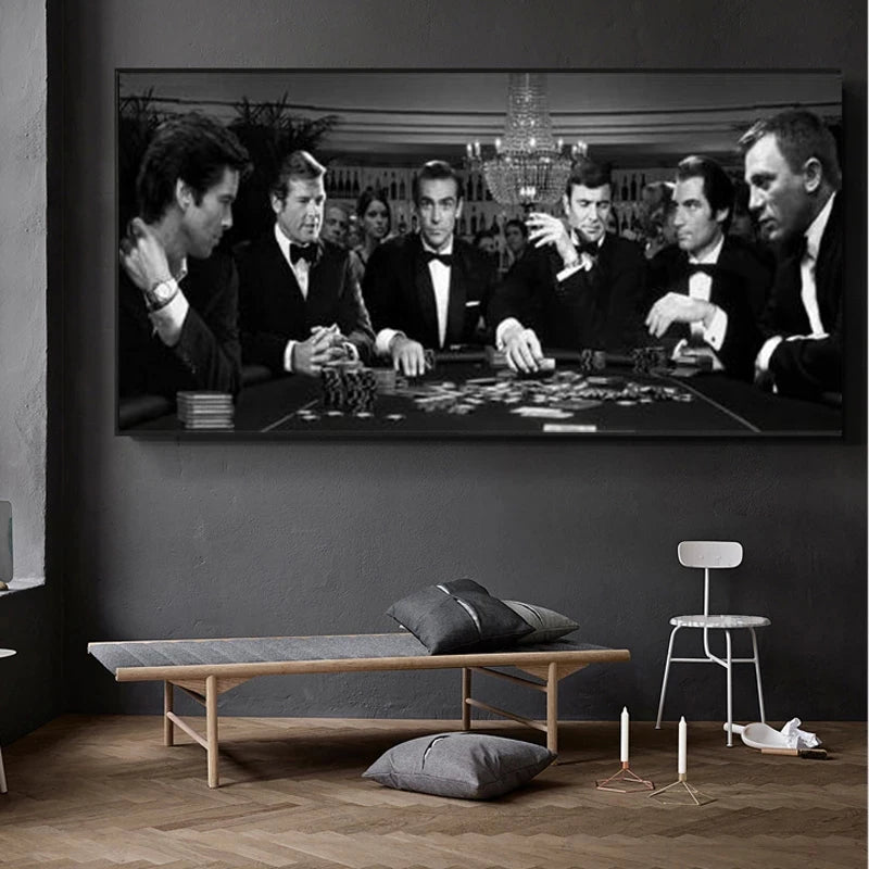 tableau toile cadre doré scène poker noir blanc décoration murale salon maison classique