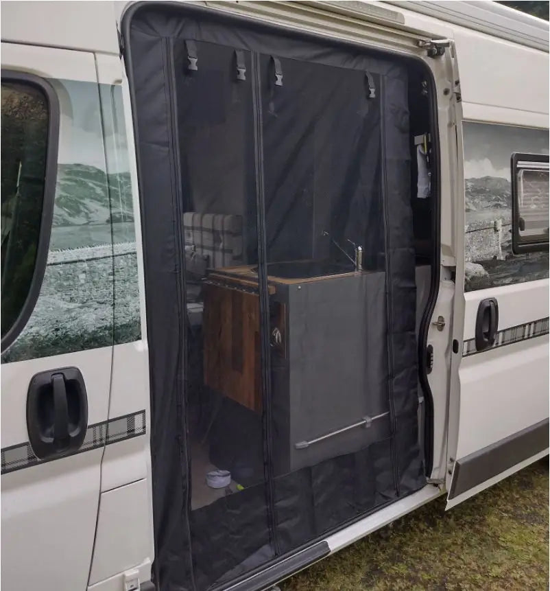 moustiquaire tissu texturé semi transparente gris foncé noir fixations sangles van utilitaire porte voiture
