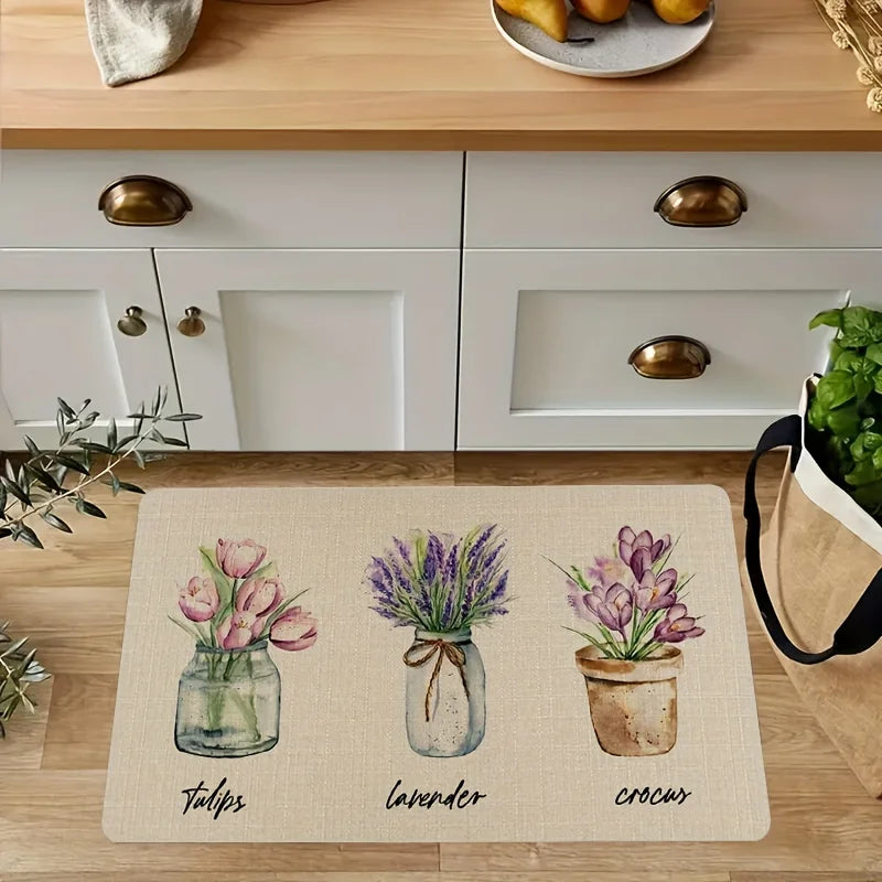 tapis fleurs pots tulipes lavande imperméable antidérapant cuisine salle bain intérieur