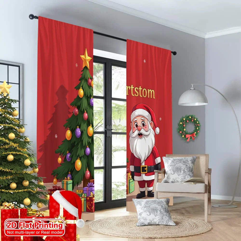 rideau noël classique père noël arbre décor rouge vert or flocons opaques polyester