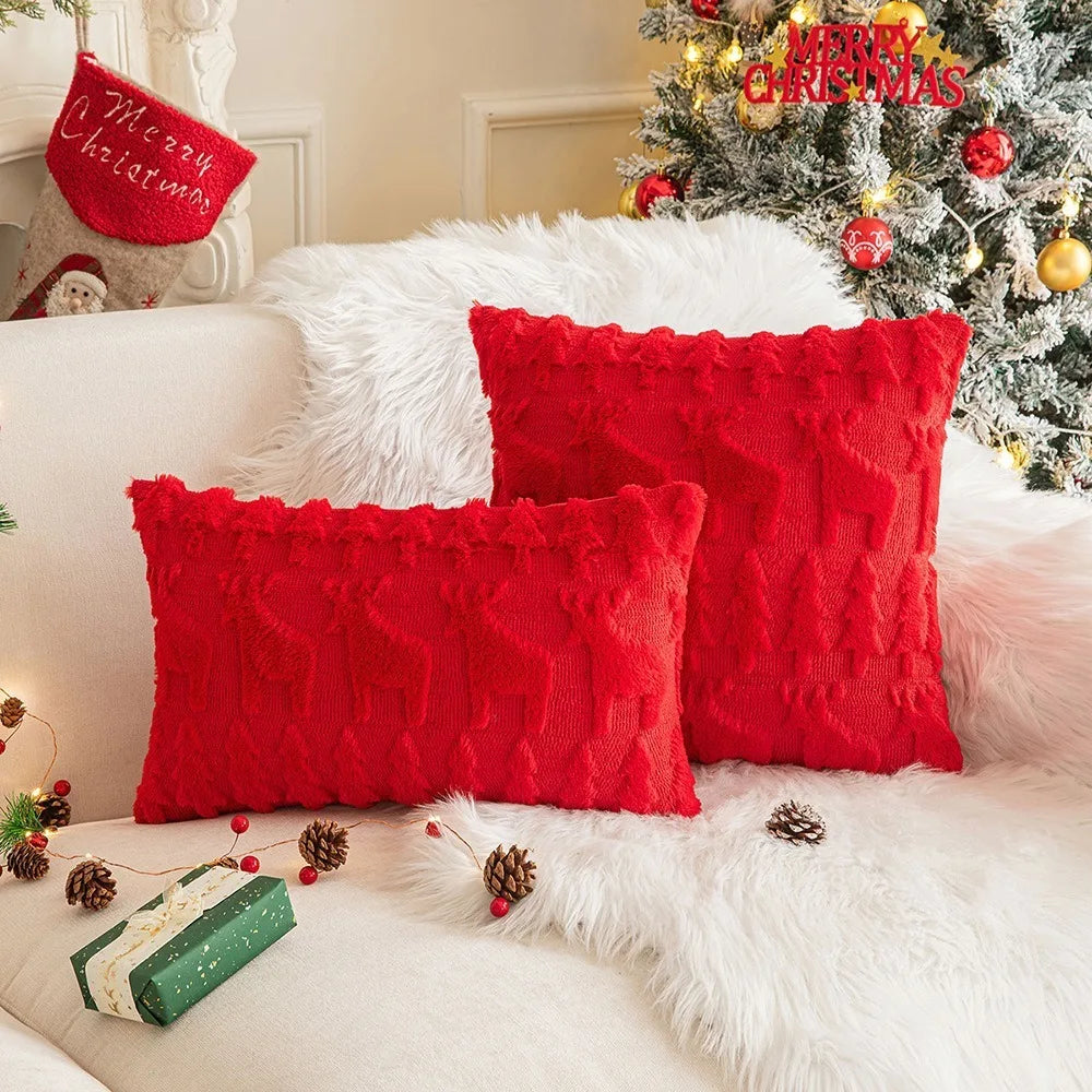 housse coussin noël arbre renne festive polyester beige vert rougeOpaque 45cm 50cm