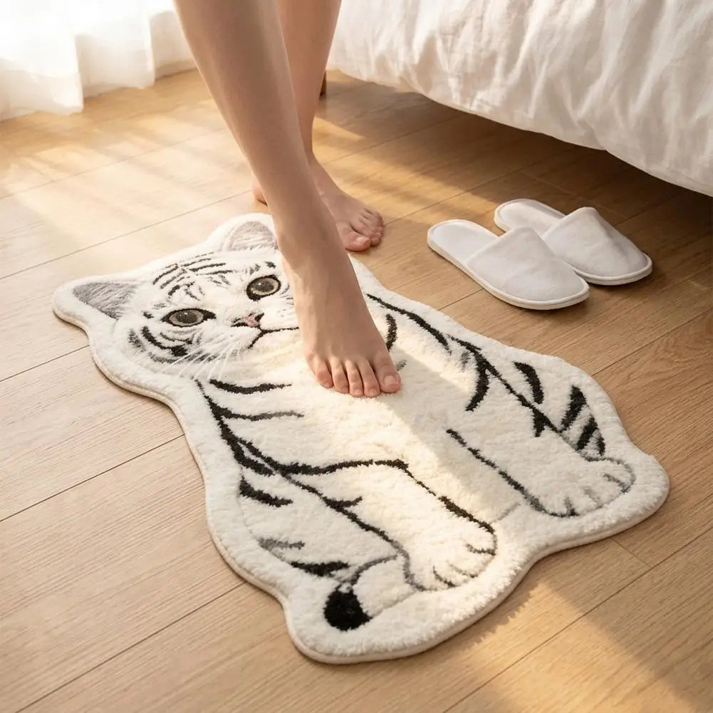 tapis chat imprimé marron beige blanc noir absorbant polyester PVC réaliste chambre salle bain
