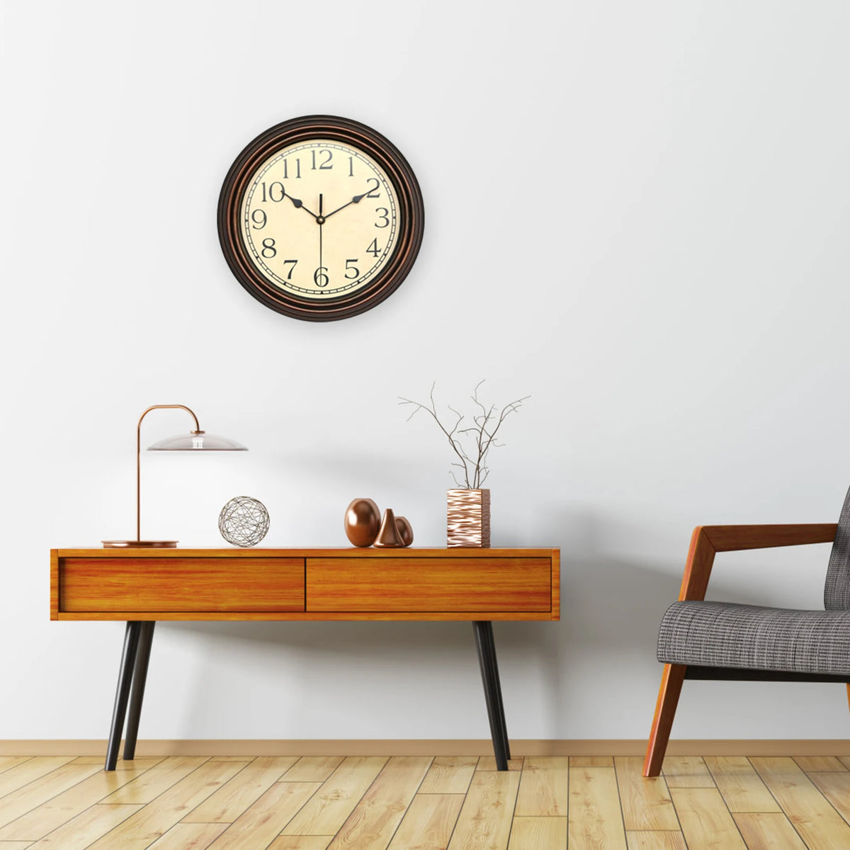 horloge murale classique fond blanc cadres marron aiguilles noires européen vintage sans tic tac