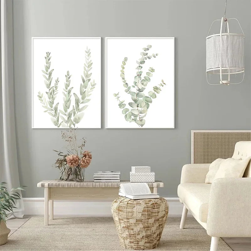 affiches murales toile feuilles stylisées minimaliste naturel vert clair blanc encadrées