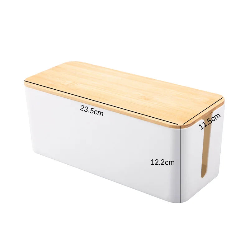 boîte rangement bois blanc minimaliste anti poussière prises électriques câbles chargeurs télécommande