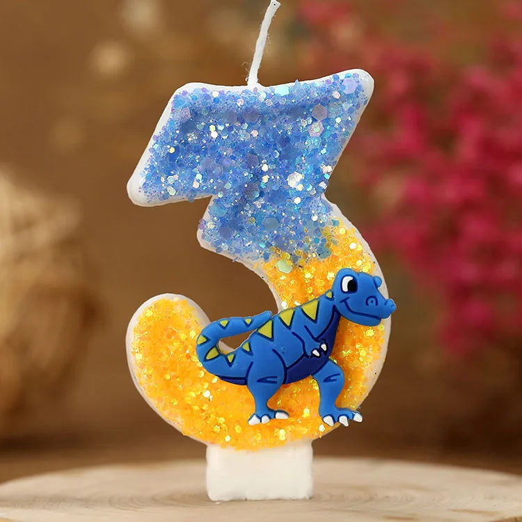 bougies anniversaire chiffres bleu jaune blanc paillettes dinosaure décoratives thème