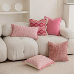 coussin deco boho chic rose blanc motif geometrique franges opaques canape lit decoration intérieure